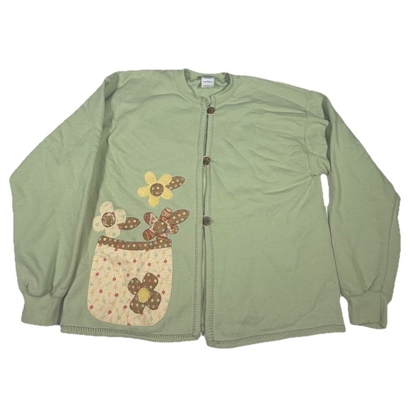 Gildan Sweaters - Vintage Grandma Sweater Gardening full button sun flower floral long sleeve READ